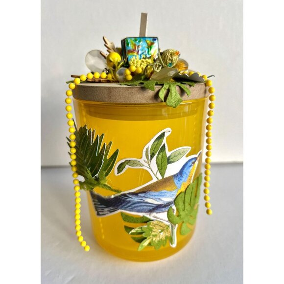 Blue Bird Upcycled Assemblage Art Upcycled Candle Holder Yellow Glass Storage - Picture 3 of 10